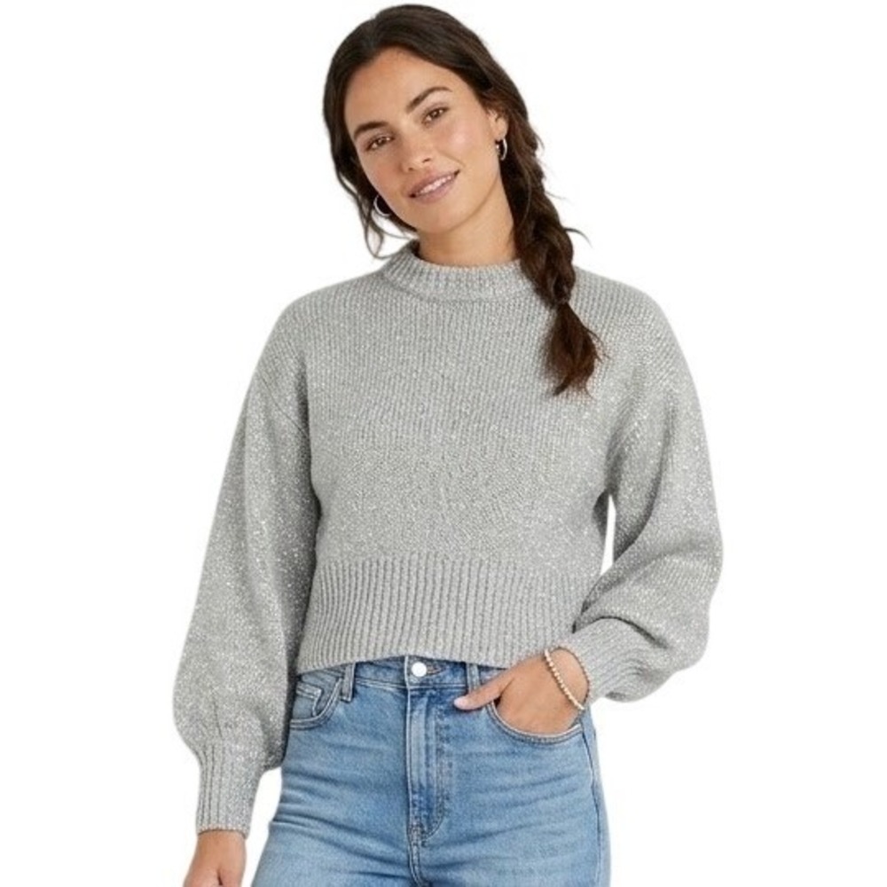 H&M Divided Sweater Women S Sage Green Metallic Shimmer Cropped Mock Neck Knit
